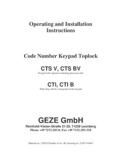 Operating and code number keypad Toplock CTS V, CTS BV CTI, CTI B