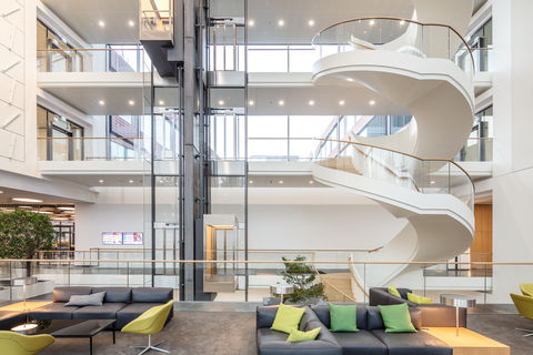 Free-standing spiral staircase in the IT campus foyer.