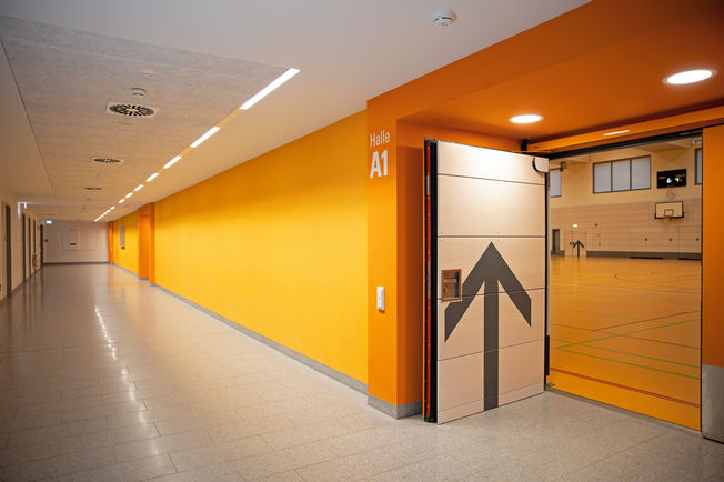 Hallways to the gymnasiums at Freiham Sports Park