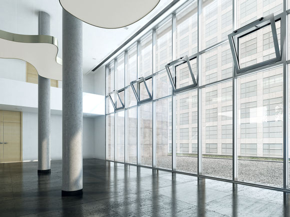 链式开窗器 Slimchain, 安装在办公室楼中 立面区域中的排烟排热系统及自动通风 (24 V)   可用于排气和进气系统