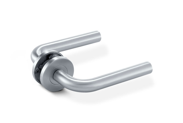 GEZE Handle LH 102 round Stainless steel 304 tubular lever handle rounded L-shape with round rose (Set)  with spindle, escutcheon (round) for euro profile cylinder and mounting accessories