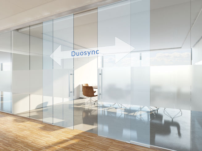 GEZE Perlan 140 Duosync sliding door fitting for high-traffic sliding doors in internal applications